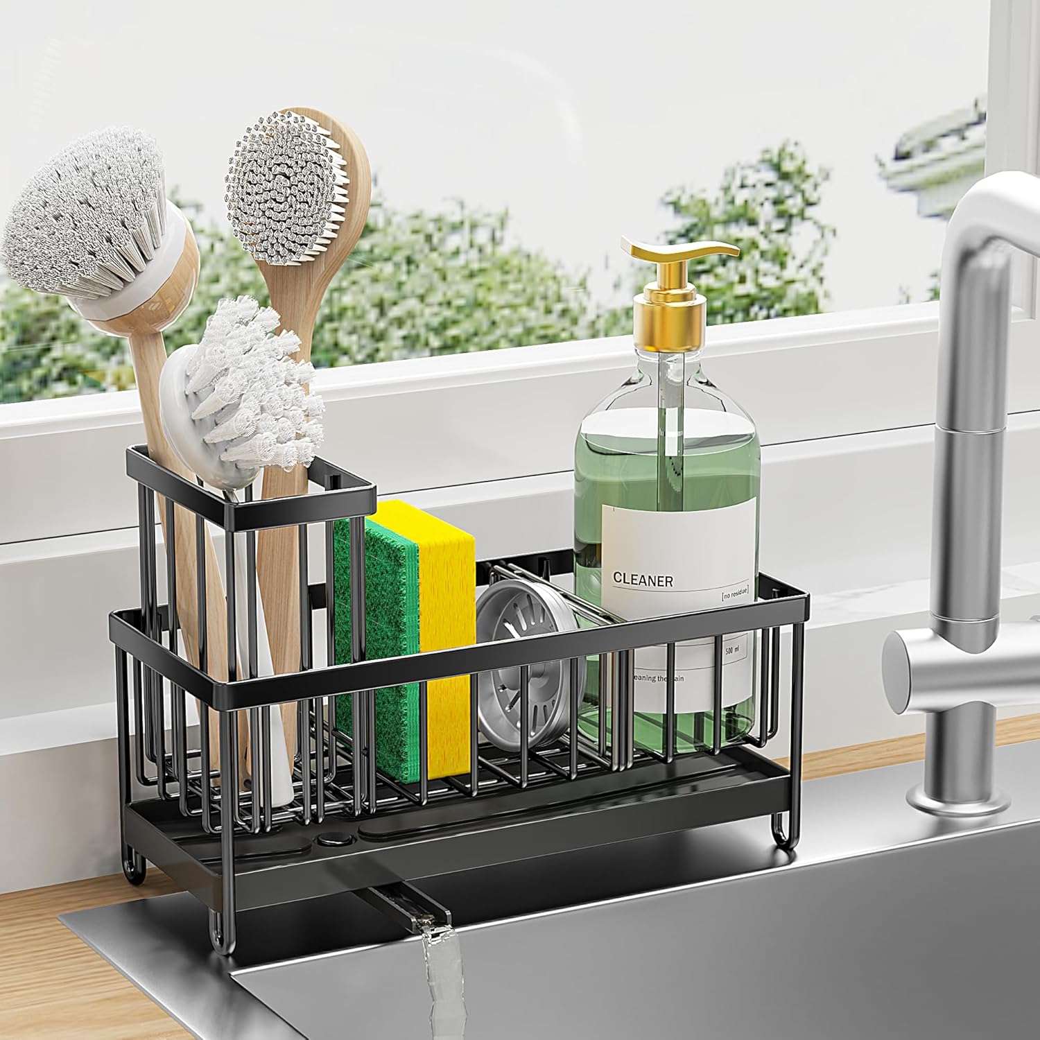 817NZ3rrbIL._AC_SL1500_ Cisily Black Sponge & Sink Caddy Organizer – Rustproof 304 Stainless Steel with High Brush Holder & Soap Dispenser - Image 1