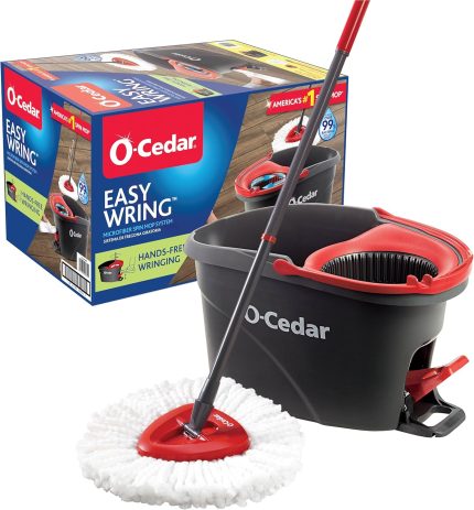 O-Cedar EasyWring Microfiber Spin Mop & Bucket Floor Cleaning System – Red & Gray