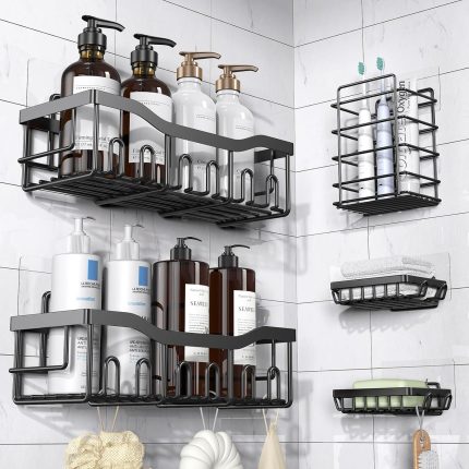 Adhesive Shower Caddy – 5 Pack Rustproof Stainless Steel Bathroom Shelves, No-Drill, Large Capacity